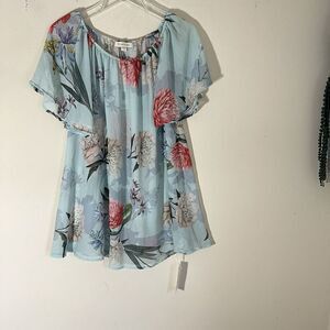 Yumi Kim Light Blue Floral Print Beach Daze Coverup Top Blouse S Sheer New